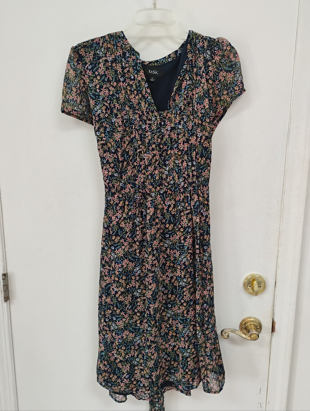 MSK Navy Floral Midi Dress Size 14 Flutter Sleeve
